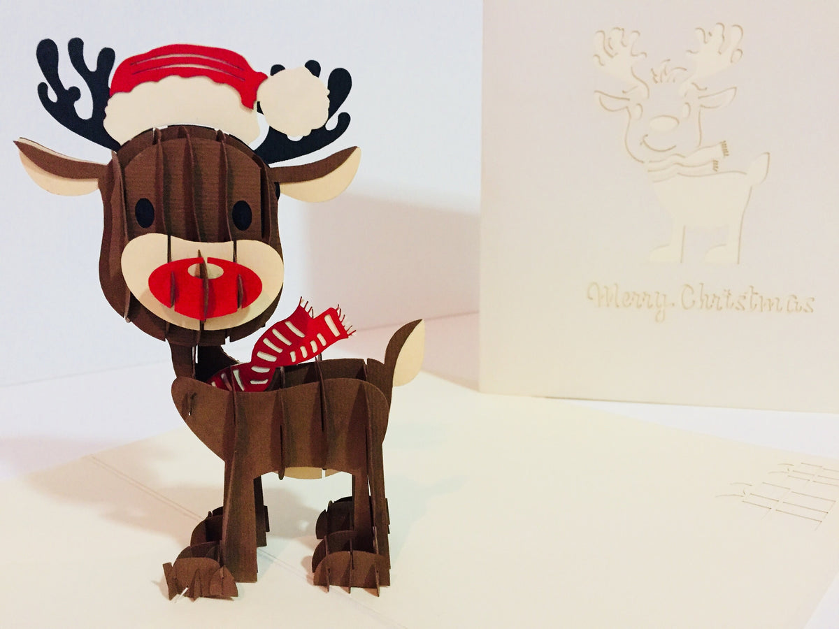 Metallic Super Cute Christmas Reindeer Origami Pop Cards 3D Pop Up Greeting Card Merry Christmas Thank You Handmade Best Wishes Blank Card Gift Happy Holidays Celebrate the Special Day