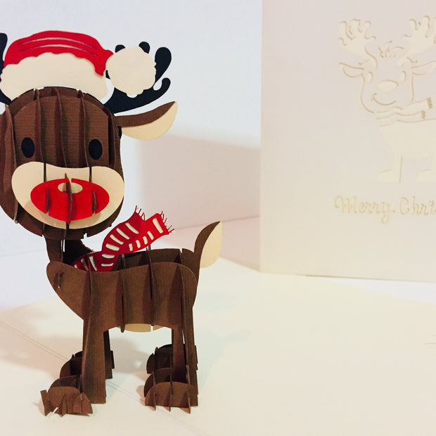 Metallic Super Cute Christmas Reindeer Origami Pop Cards 3D Pop Up Greeting Card Merry Christmas Thank You Handmade Best Wishes Blank Card Gift Happy Holidays Celebrate the Special Day