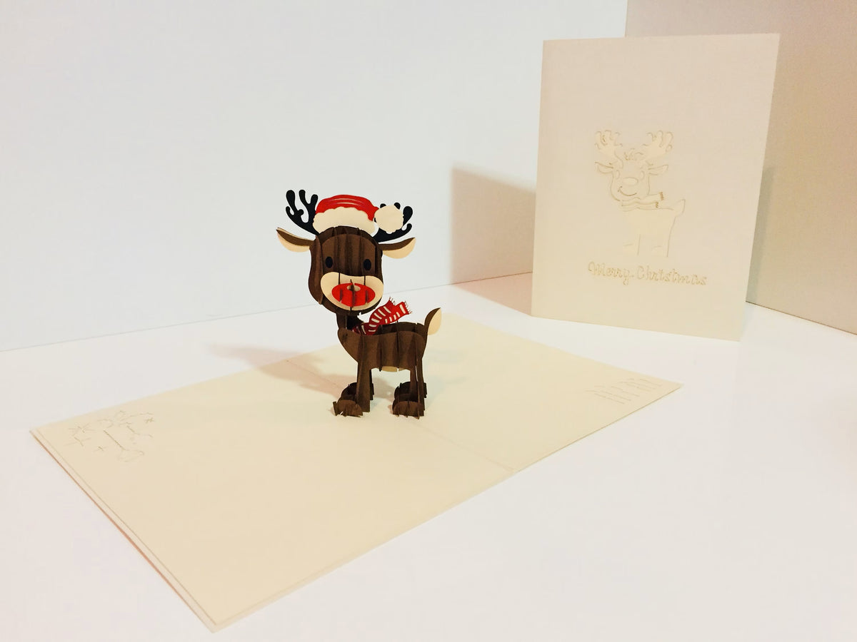Metallic Super Cute Christmas Reindeer Origami Pop Cards 3D Pop Up Greeting Card Merry Christmas Thank You Handmade Best Wishes Blank Card Gift Happy Holidays Celebrate the Special Day