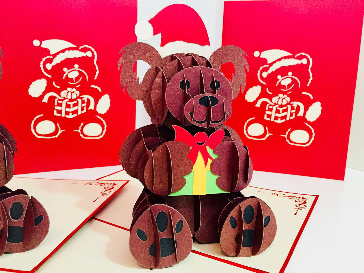 Metallic Super Cute Christmas Teddy Bear Origami Pop Cards 3D Pop Up Greeting Card Merry Christmas Thank You Handmade Best Wishes Blank Card Gift Happy Holidays Celebrate the Special Day