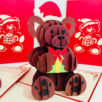 Metallic Super Cute Christmas Teddy Bear Origami Pop Cards 3D Pop Up Greeting Card Merry Christmas Thank You Handmade Best Wishes Blank Card Gift Happy Holidays Celebrate the Special Day