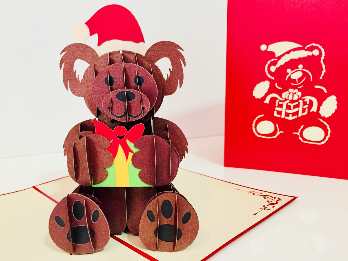 Metallic Super Cute Christmas Teddy Bear Origami Pop Cards 3D Pop Up Greeting Card Merry Christmas Thank You Handmade Best Wishes Blank Card Gift Happy Holidays Celebrate the Special Day