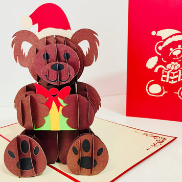 Metallic Super Cute Christmas Teddy Bear Origami Pop Cards 3D Pop Up Greeting Card Merry Christmas Thank You Handmade Best Wishes Blank Card Gift Happy Holidays Celebrate the Special Day