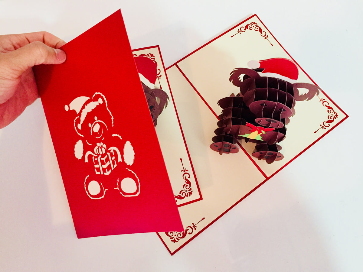 Metallic Super Cute Christmas Teddy Bear Origami Pop Cards 3D Pop Up Greeting Card Merry Christmas Thank You Handmade Best Wishes Blank Card Gift Happy Holidays Celebrate the Special Day