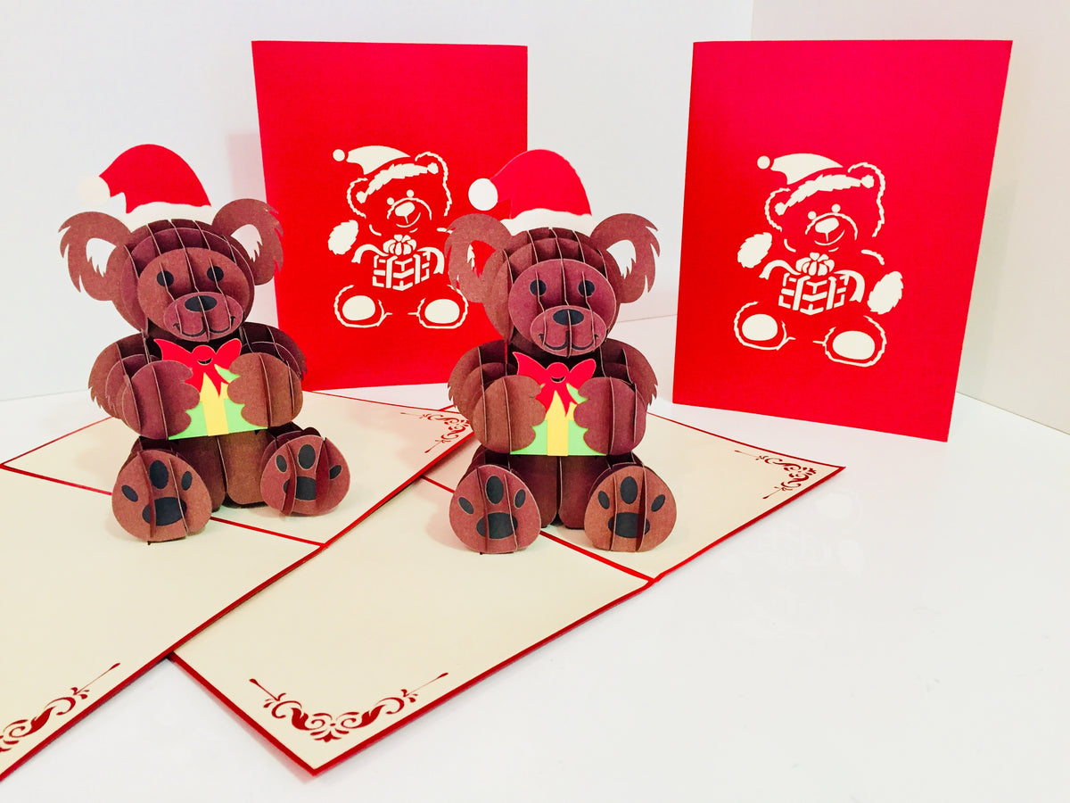 Metallic Super Cute Christmas Teddy Bear Origami Pop Cards 3D Pop Up Greeting Card Merry Christmas Thank You Handmade Best Wishes Blank Card Gift Happy Holidays Celebrate the Special Day
