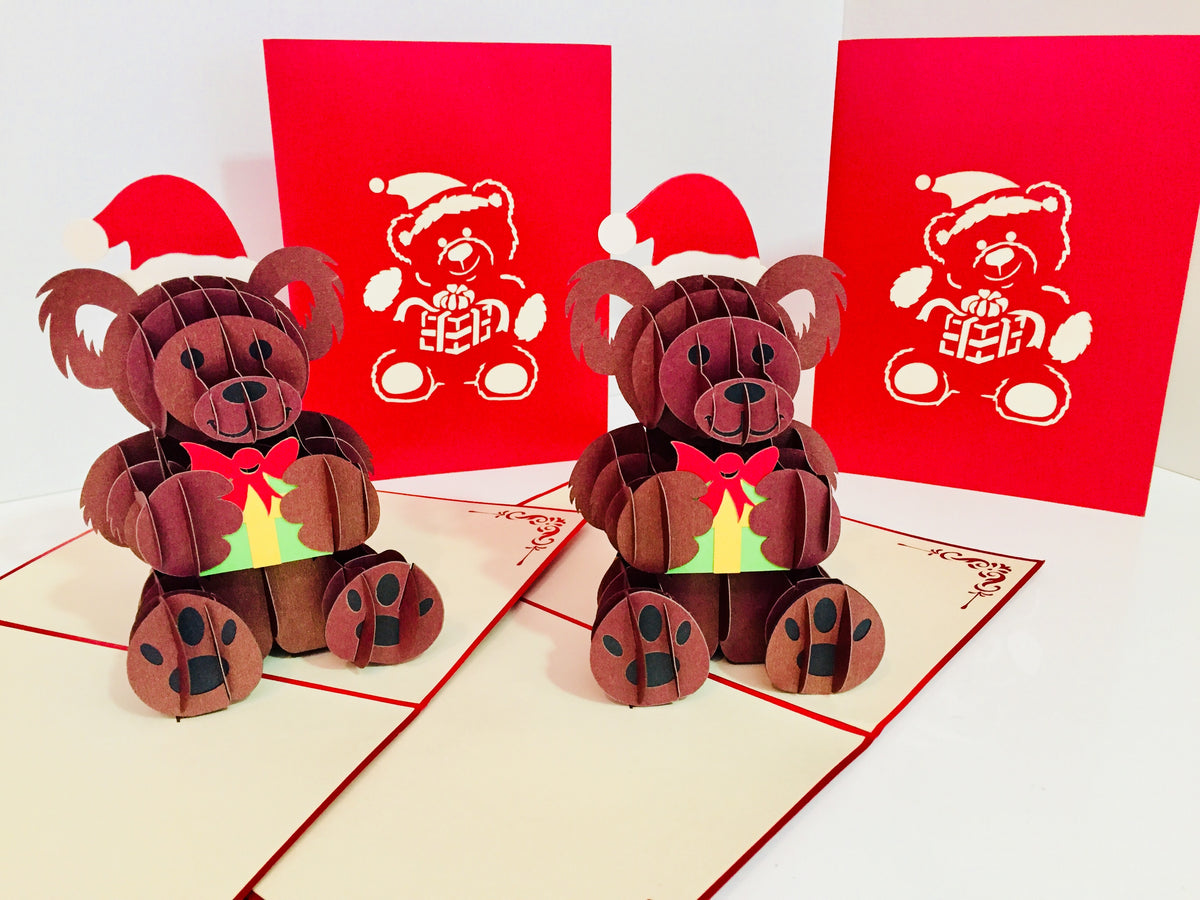 Metallic Super Cute Christmas Teddy Bear Origami Pop Cards 3D Pop Up Greeting Card Merry Christmas Thank You Handmade Best Wishes Blank Card Gift Happy Holidays Celebrate the Special Day