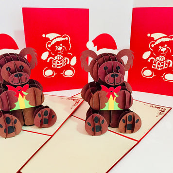 Metallic Super Cute Christmas Teddy Bear Origami Pop Cards 3D Pop Up Greeting Card Merry Christmas Thank You Handmade Best Wishes Blank Card Gift Happy Holidays Celebrate the Special Day