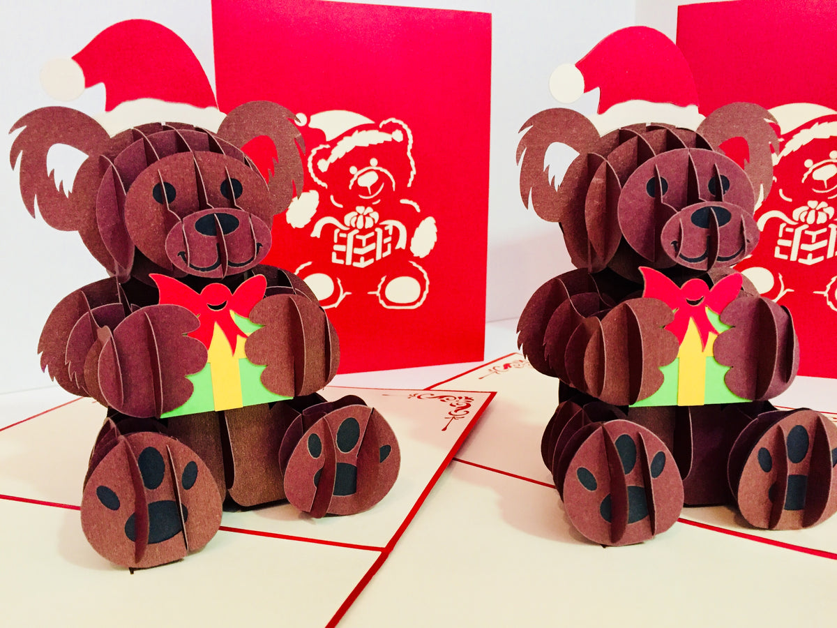 Metallic Super Cute Christmas Teddy Bear Origami Pop Cards 3D Pop Up Greeting Card Merry Christmas Thank You Handmade Best Wishes Blank Card Gift Happy Holidays Celebrate the Special Day