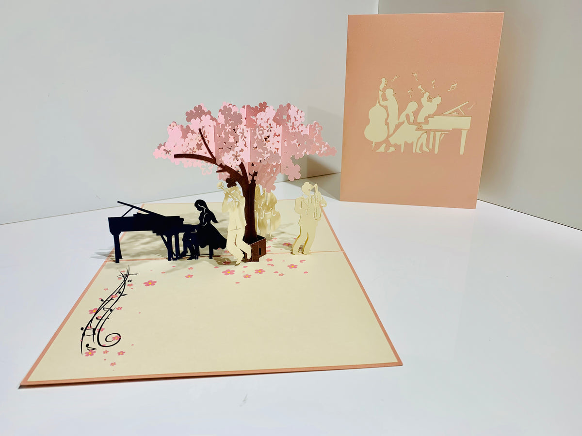 Metallic PINK Symphony Orchestra Music Band under Cherry Blossom Tree Origami Pop Cards 3D Pop Up Greeting Card Celebrate Happy Birthday Thank You Handmade Best Wishes Gift Thinking of You for Any Occasion Happy Mother's Day Happy Australiana Celebration