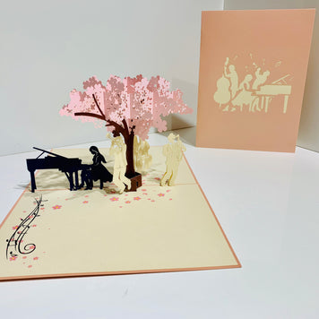 Metallic PINK Symphony Orchestra Music Band under Cherry Blossom Tree Origami Pop Cards 3D Pop Up Greeting Card Celebrate Happy Birthday Thank You Handmade Best Wishes Gift Thinking of You for Any Occasion Happy Mother's Day Happy Australiana Celebration