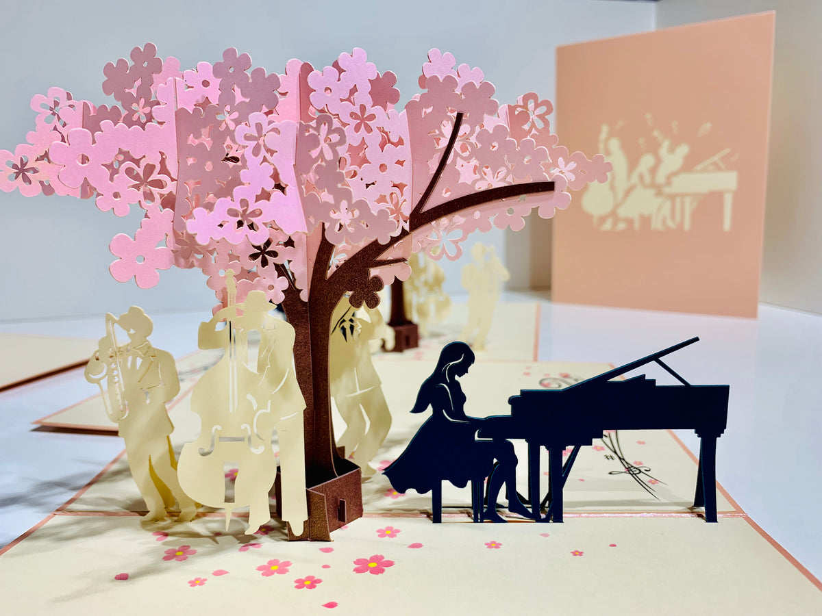 Metallic PINK Symphony Orchestra Music Band under Cherry Blossom Tree Origami Pop Cards 3D Pop Up Greeting Card Celebrate Happy Birthday Thank You Handmade Best Wishes Gift Thinking of You for Any Occasion Happy Mother's Day Happy Australiana Celebration