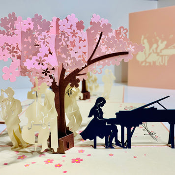 Metallic PINK Symphony Orchestra Music Band under Cherry Blossom Tree Origami Pop Cards 3D Pop Up Greeting Card Celebrate Happy Birthday Thank You Handmade Best Wishes Gift Thinking of You for Any Occasion Happy Mother's Day Happy Australiana Celebration
