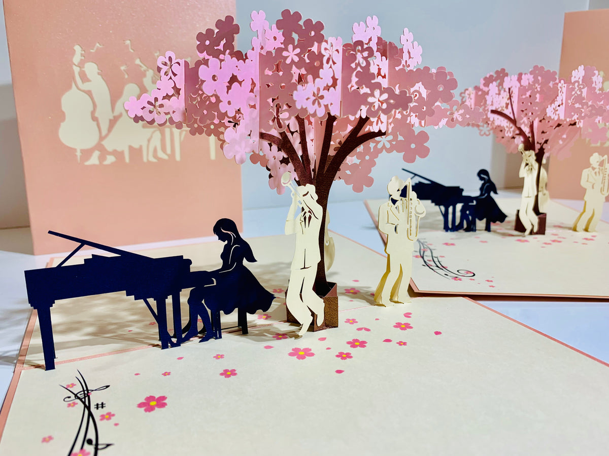 Metallic PINK Symphony Orchestra Music Band under Cherry Blossom Tree Origami Pop Cards 3D Pop Up Greeting Card Celebrate Happy Birthday Thank You Handmade Best Wishes Gift Thinking of You for Any Occasion Happy Mother's Day Happy Australiana Celebration
