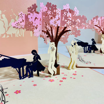 Metallic PINK Symphony Orchestra Music Band under Cherry Blossom Tree Origami Pop Cards 3D Pop Up Greeting Card Celebrate Happy Birthday Thank You Handmade Best Wishes Gift Thinking of You for Any Occasion Happy Mother's Day Happy Australiana Celebration