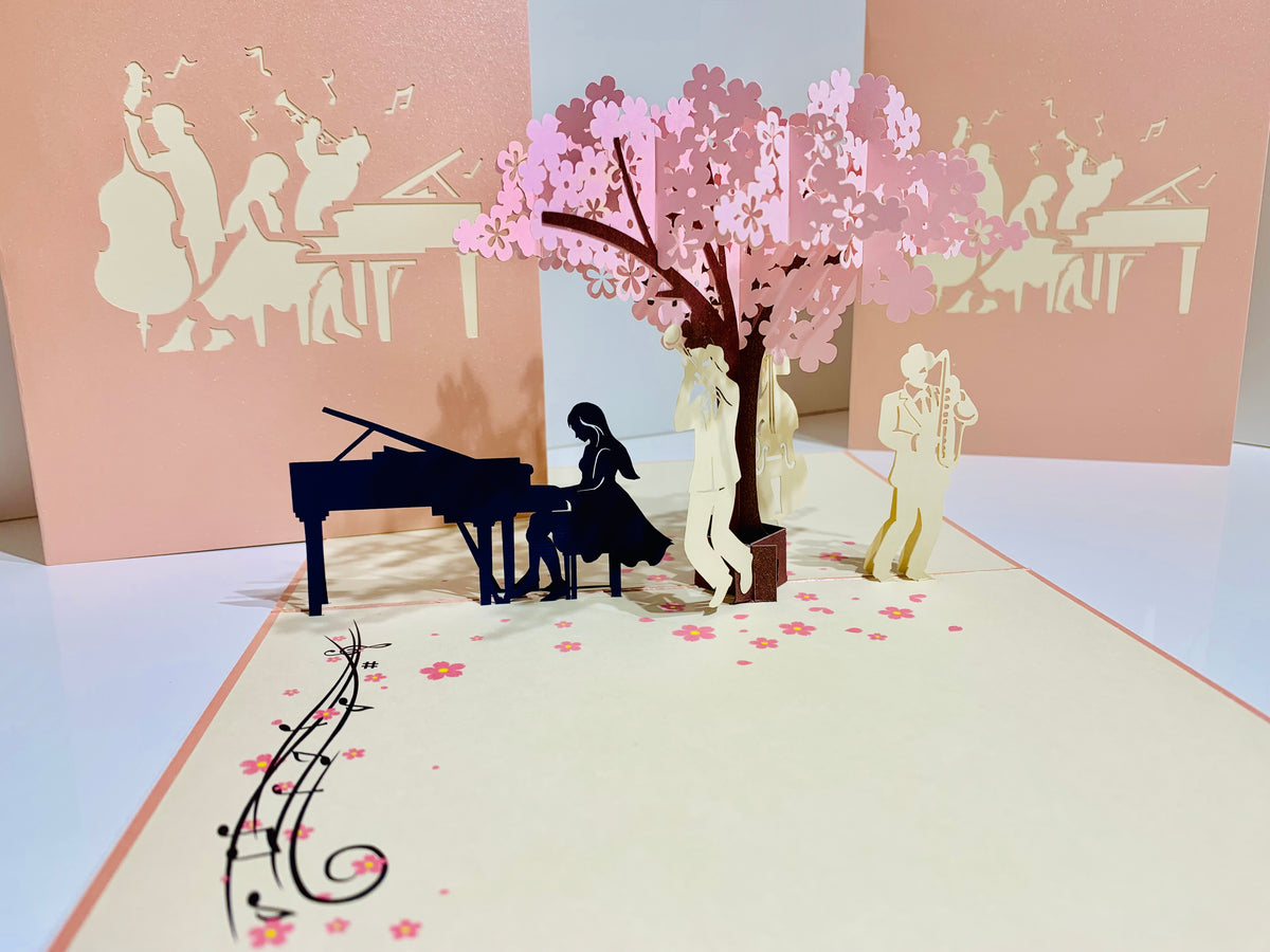 Metallic PINK Symphony Orchestra Music Band under Cherry Blossom Tree Origami Pop Cards 3D Pop Up Greeting Card Celebrate Happy Birthday Thank You Handmade Best Wishes Gift Thinking of You for Any Occasion Happy Mother's Day Happy Australiana Celebration