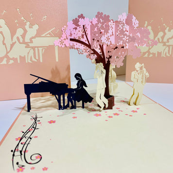 Metallic PINK Symphony Orchestra Music Band under Cherry Blossom Tree Origami Pop Cards 3D Pop Up Greeting Card Celebrate Happy Birthday Thank You Handmade Best Wishes Gift Thinking of You for Any Occasion Happy Mother's Day Happy Australiana Celebration