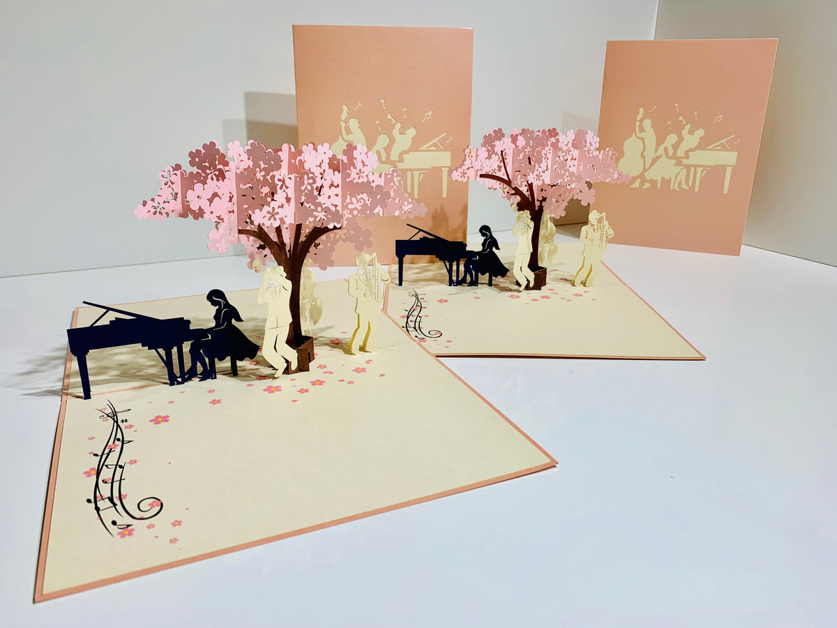 Metallic PINK Symphony Orchestra Music Band under Cherry Blossom Tree Origami Pop Cards 3D Pop Up Greeting Card Celebrate Happy Birthday Thank You Handmade Best Wishes Gift Thinking of You for Any Occasion Happy Mother's Day Happy Australiana Celebration