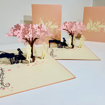 Metallic PINK Symphony Orchestra Music Band under Cherry Blossom Tree Origami Pop Cards 3D Pop Up Greeting Card Celebrate Happy Birthday Thank You Handmade Best Wishes Gift Thinking of You for Any Occasion Happy Mother's Day Happy Australiana Celebration