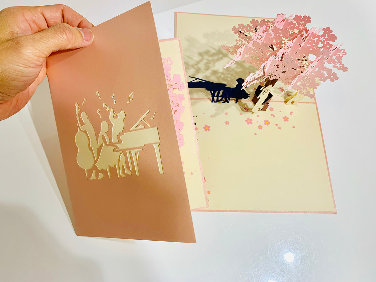Metallic PINK Symphony Orchestra Music Band under Cherry Blossom Tree Origami Pop Cards 3D Pop Up Greeting Card Celebrate Happy Birthday Thank You Handmade Best Wishes Gift Thinking of You for Any Occasion Happy Mother's Day Happy Australiana Celebration
