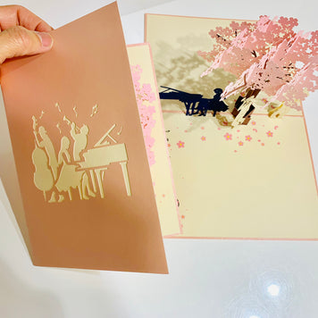 Metallic PINK Symphony Orchestra Music Band under Cherry Blossom Tree Origami Pop Cards 3D Pop Up Greeting Card Celebrate Happy Birthday Thank You Handmade Best Wishes Gift Thinking of You for Any Occasion Happy Mother's Day Happy Australiana Celebration