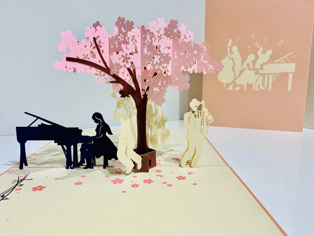 Metallic PINK Symphony Orchestra Music Band under Cherry Blossom Tree Origami Pop Cards 3D Pop Up Greeting Card Celebrate Happy Birthday Thank You Handmade Best Wishes Gift Thinking of You for Any Occasion Happy Mother's Day Happy Australiana Celebration