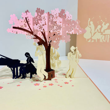 Metallic PINK Symphony Orchestra Music Band under Cherry Blossom Tree Origami Pop Cards 3D Pop Up Greeting Card Celebrate Happy Birthday Thank You Handmade Best Wishes Gift Thinking of You for Any Occasion Happy Mother's Day Happy Australiana Celebration