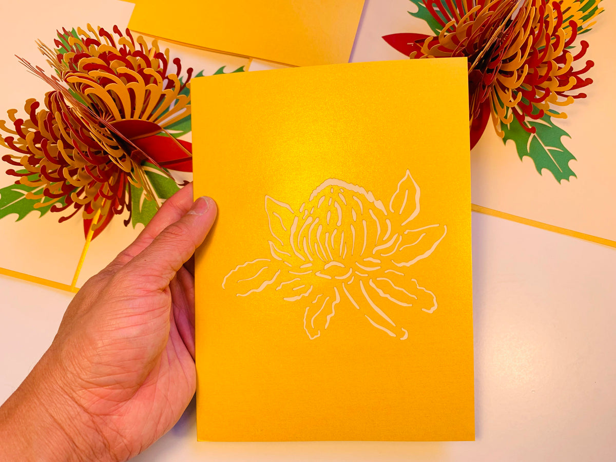 Metallic Waratah Australian Native Flower in Red & Yellow Origami Pop Cards 3D Pop Up Greeting Card Happy Birthday Thank You Handmade Gift Thinking of You Blank Card for Any Occasion Happy Mother's Day Australiana Celebrate the Beauty of Flower