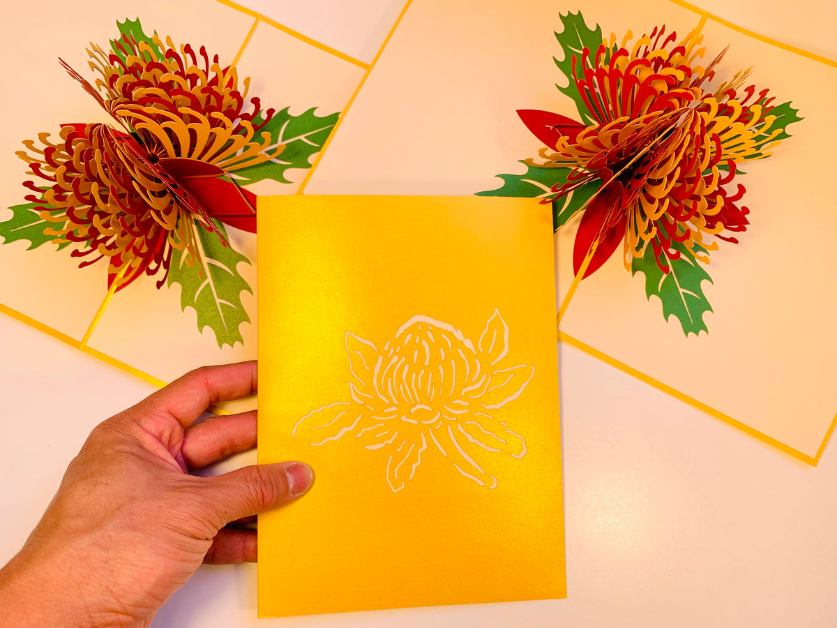 Metallic Waratah Australian Native Flower in Red & Yellow Origami Pop Cards 3D Pop Up Greeting Card Happy Birthday Thank You Handmade Gift Thinking of You Blank Card for Any Occasion Happy Mother's Day Australiana Celebrate the Beauty of Flower