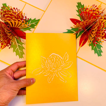 Metallic Waratah Australian Native Flower in Red & Yellow Origami Pop Cards 3D Pop Up Greeting Card Happy Birthday Thank You Handmade Gift Thinking of You Blank Card for Any Occasion Happy Mother's Day Australiana Celebrate the Beauty of Flower