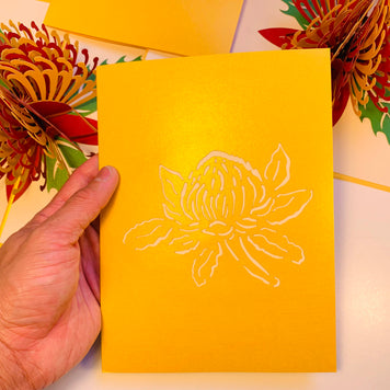 Metallic Waratah Australian Native Flower in Red & Yellow Origami Pop Cards 3D Pop Up Greeting Card Happy Birthday Thank You Handmade Gift Thinking of You Blank Card for Any Occasion Happy Mother's Day Australiana Celebrate the Beauty of Flower