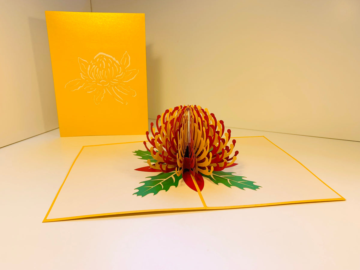 Metallic Waratah Australian Native Flower in Red & Yellow Origami Pop Cards 3D Pop Up Greeting Card Happy Birthday Thank You Handmade Gift Thinking of You Blank Card for Any Occasion Happy Mother's Day Australiana Celebrate the Beauty of Flower