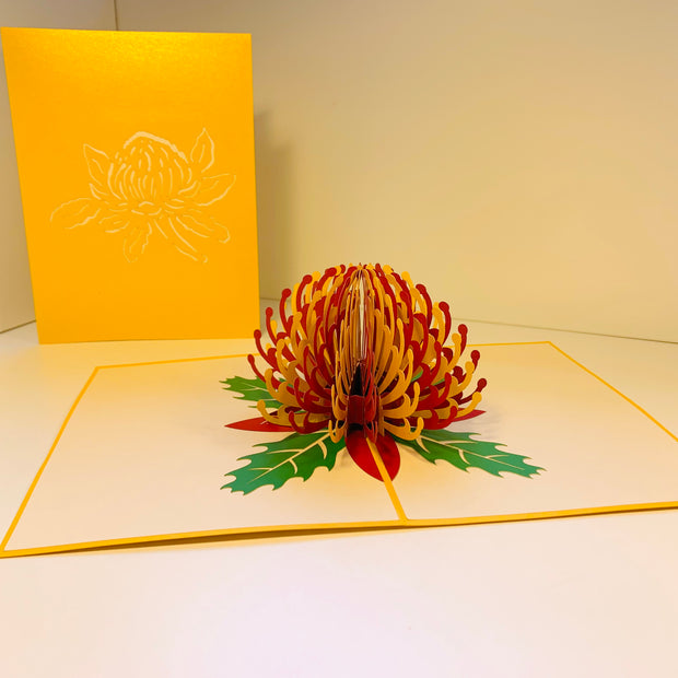 Metallic Waratah Australian Native Flower in Red & Yellow Origami Pop Cards 3D Pop Up Greeting Card Happy Birthday Thank You Handmade Gift Thinking of You Blank Card for Any Occasion Happy Mother's Day Australiana Celebrate the Beauty of Flower