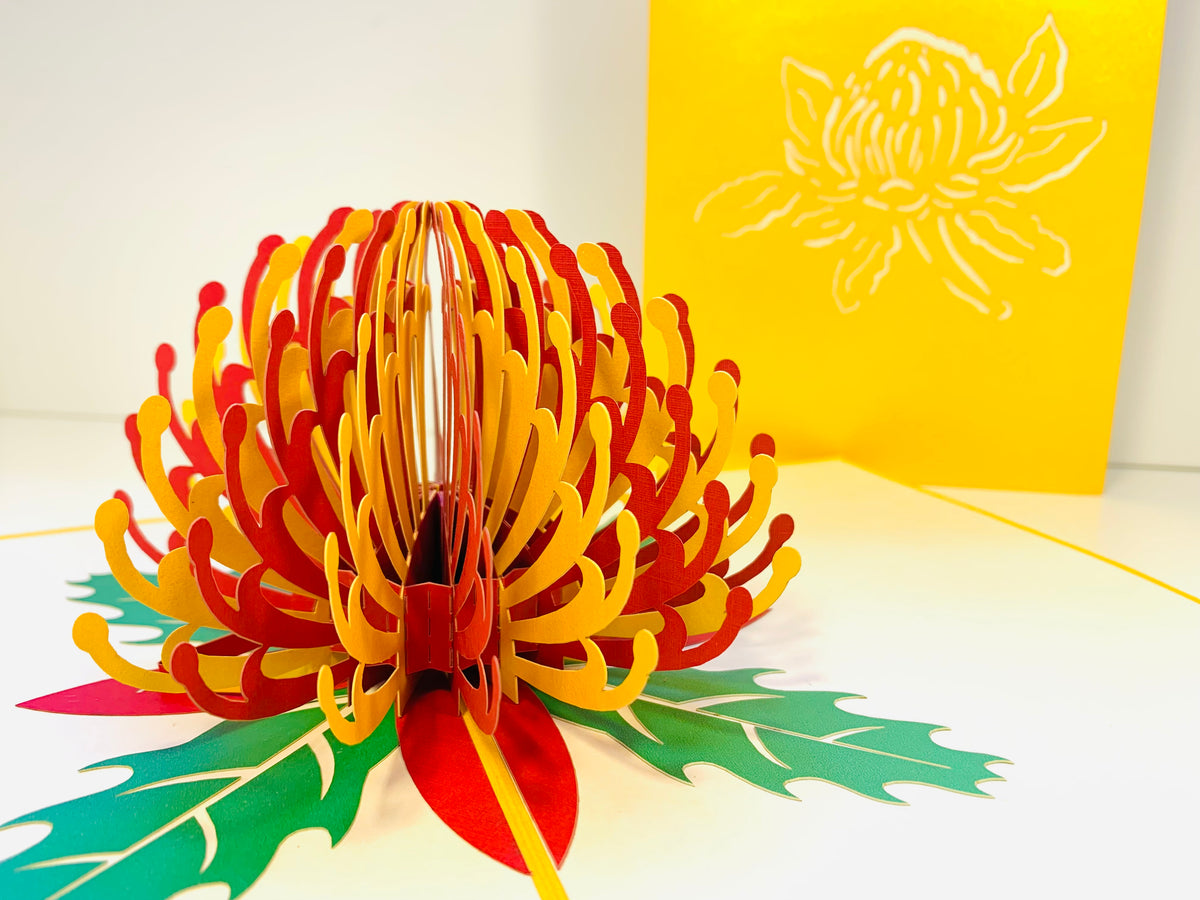 Metallic Waratah Australian Native Flower in Red & Yellow Origami Pop Cards 3D Pop Up Greeting Card Happy Birthday Thank You Handmade Gift Thinking of You Blank Card for Any Occasion Happy Mother's Day Australiana Celebrate the Beauty of Flower