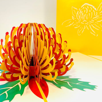 Metallic Waratah Australian Native Flower in Red & Yellow Origami Pop Cards 3D Pop Up Greeting Card Happy Birthday Thank You Handmade Gift Thinking of You Blank Card for Any Occasion Happy Mother's Day Australiana Celebrate the Beauty of Flower
