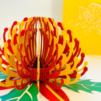 Metallic Waratah Australian Native Flower in Red & Yellow Origami Pop Cards 3D Pop Up Greeting Card Happy Birthday Thank You Handmade Gift Thinking of You Blank Card for Any Occasion Happy Mother's Day Australiana Celebrate the Beauty of Flower