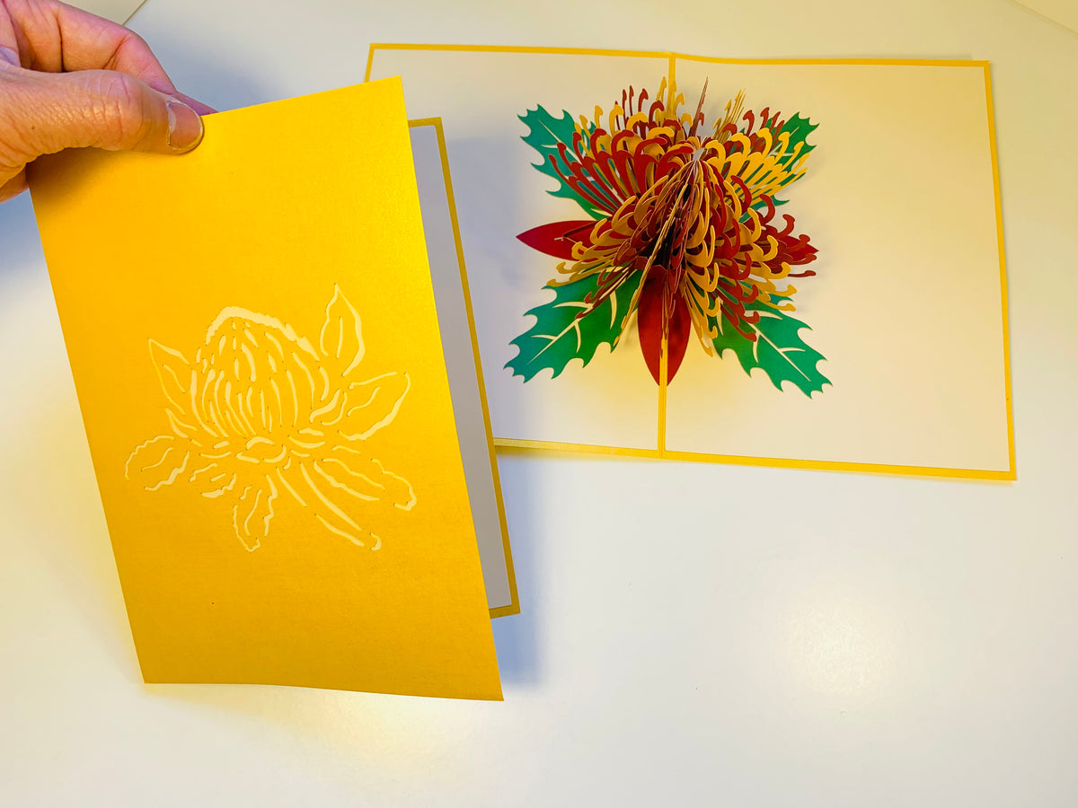 Metallic Waratah Australian Native Flower in Red & Yellow Origami Pop Cards 3D Pop Up Greeting Card Happy Birthday Thank You Handmade Gift Thinking of You Blank Card for Any Occasion Happy Mother's Day Australiana Celebrate the Beauty of Flower