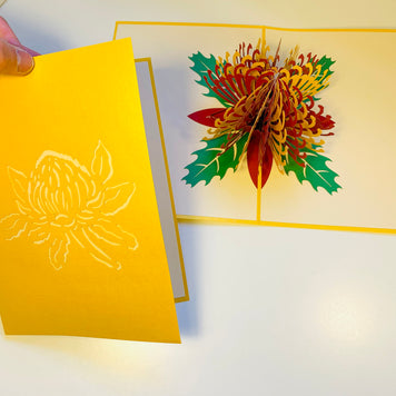 Metallic Waratah Australian Native Flower in Red & Yellow Origami Pop Cards 3D Pop Up Greeting Card Happy Birthday Thank You Handmade Gift Thinking of You Blank Card for Any Occasion Happy Mother's Day Australiana Celebrate the Beauty of Flower