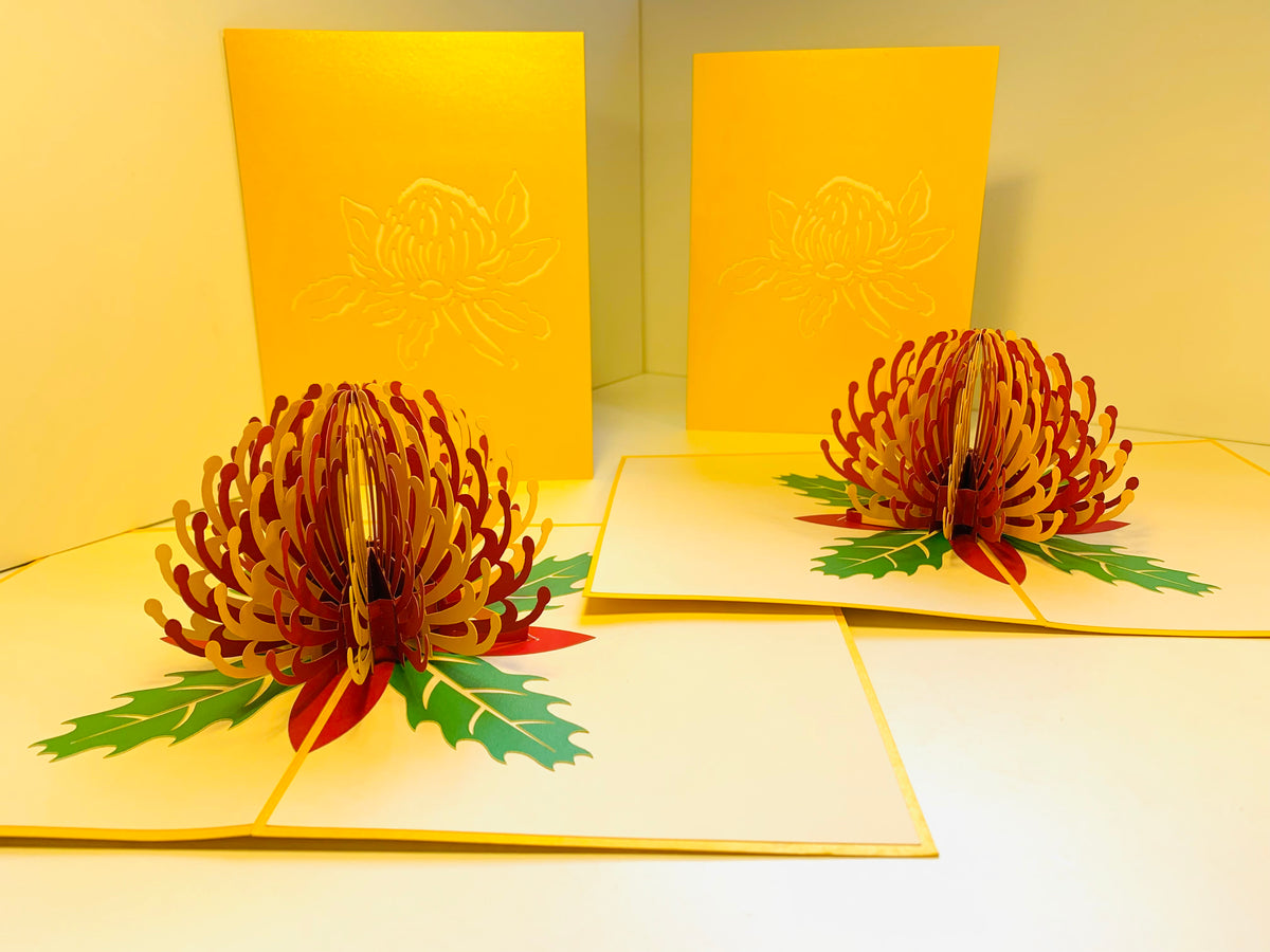 Metallic Waratah Australian Native Flower in Red & Yellow Origami Pop Cards 3D Pop Up Greeting Card Happy Birthday Thank You Handmade Gift Thinking of You Blank Card for Any Occasion Happy Mother's Day Australiana Celebrate the Beauty of Flower