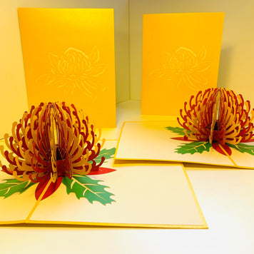 Metallic Waratah Australian Native Flower in Red & Yellow Origami Pop Cards 3D Pop Up Greeting Card Happy Birthday Thank You Handmade Gift Thinking of You Blank Card for Any Occasion Happy Mother's Day Australiana Celebrate the Beauty of Flower