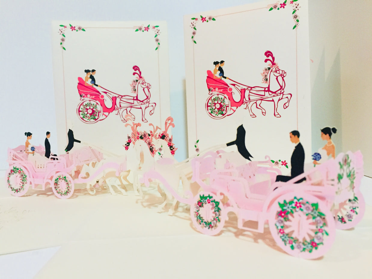 Metallic Wedding Carriage Classic 3D POP UP GREETING CARD - Created by Origami Pop Cards – 3D Pop Up Greeting Cards, Australian Design & Handmade, 3D Pop Up Magical Paper Cards, Handmade Pop Up Cards Celebrate Love Anniversary Heart Fell and Romantic