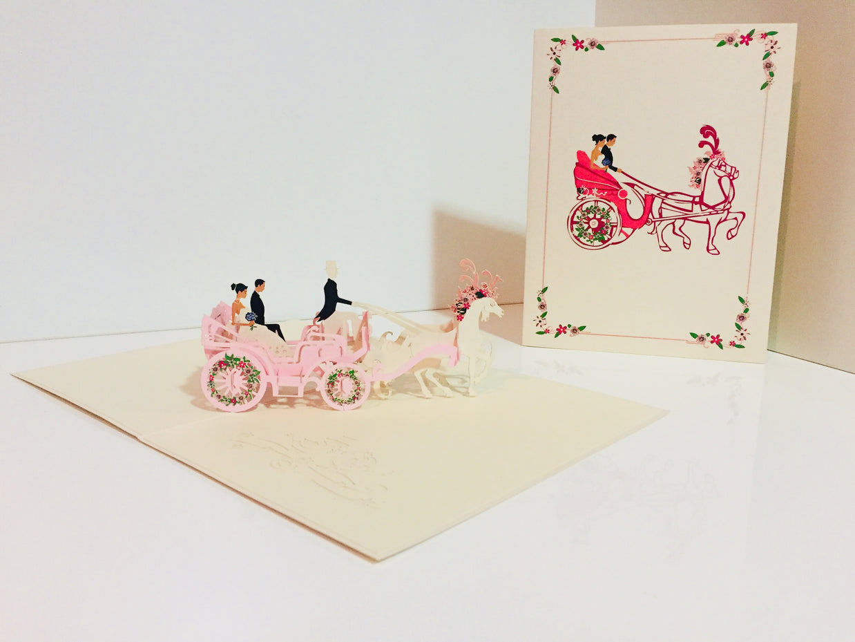 Metallic Wedding Carriage Classic 3D POP UP GREETING CARD - Created by Origami Pop Cards – 3D Pop Up Greeting Cards, Australian Design & Handmade, 3D Pop Up Magical Paper Cards, Handmade Pop Up Cards Celebrate Love Anniversary Heart Fell and Romantic