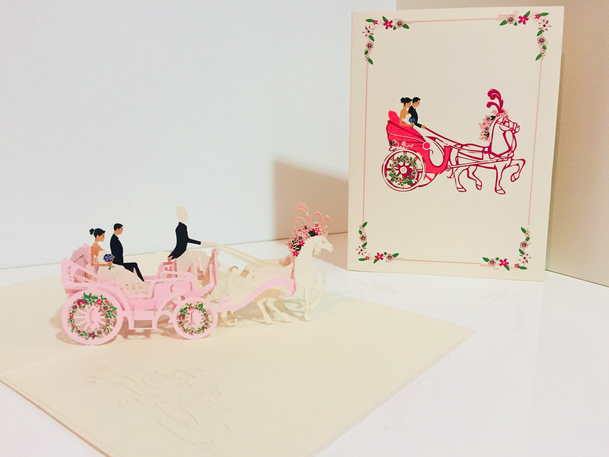 Metallic Wedding Carriage Classic 3D POP UP GREETING CARD - Created by Origami Pop Cards – 3D Pop Up Greeting Cards, Australian Design & Handmade, 3D Pop Up Magical Paper Cards, Handmade Pop Up Cards Celebrate Love Anniversary Heart Fell and Romantic