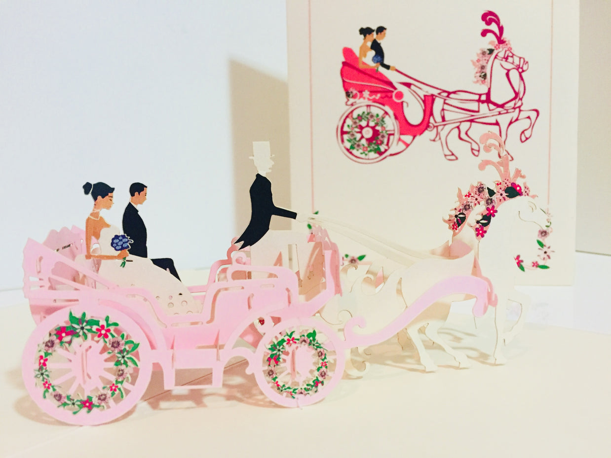 Metallic Wedding Carriage Classic 3D POP UP GREETING CARD - Created by Origami Pop Cards – 3D Pop Up Greeting Cards, Australian Design & Handmade, 3D Pop Up Magical Paper Cards, Handmade Pop Up Cards Celebrate Love Anniversary Heart Fell and Romantic