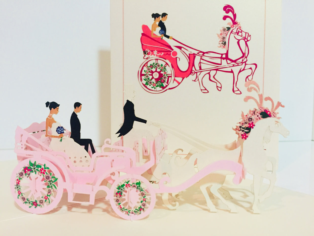 Metallic Wedding Carriage Classic 3D POP UP GREETING CARD - Created by Origami Pop Cards – 3D Pop Up Greeting Cards, Australian Design & Handmade, 3D Pop Up Magical Paper Cards, Handmade Pop Up Cards Celebrate Love Anniversary Heart Fell and Romantic