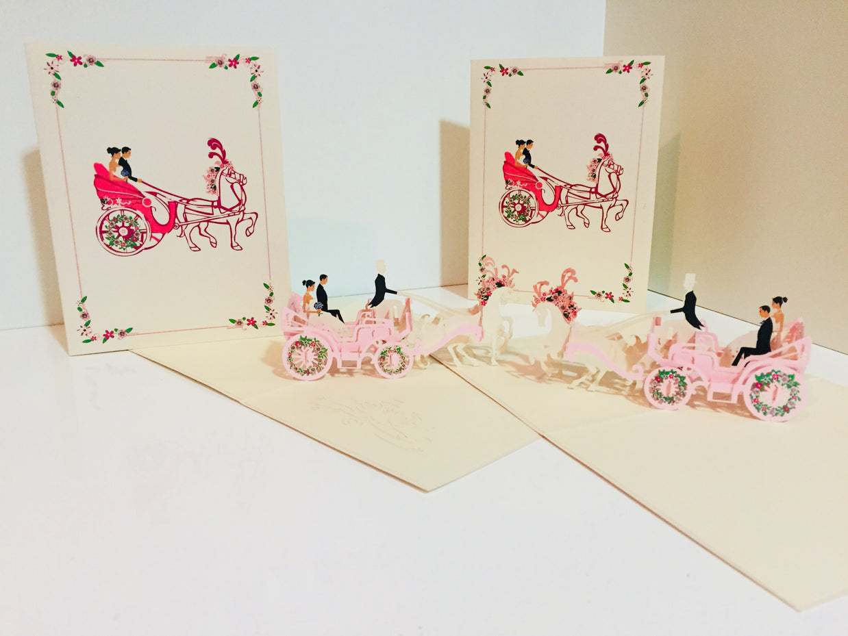 Metallic Wedding Carriage Classic 3D POP UP GREETING CARD - Created by Origami Pop Cards – 3D Pop Up Greeting Cards, Australian Design & Handmade, 3D Pop Up Magical Paper Cards, Handmade Pop Up Cards Celebrate Love Anniversary Heart Fell and Romantic