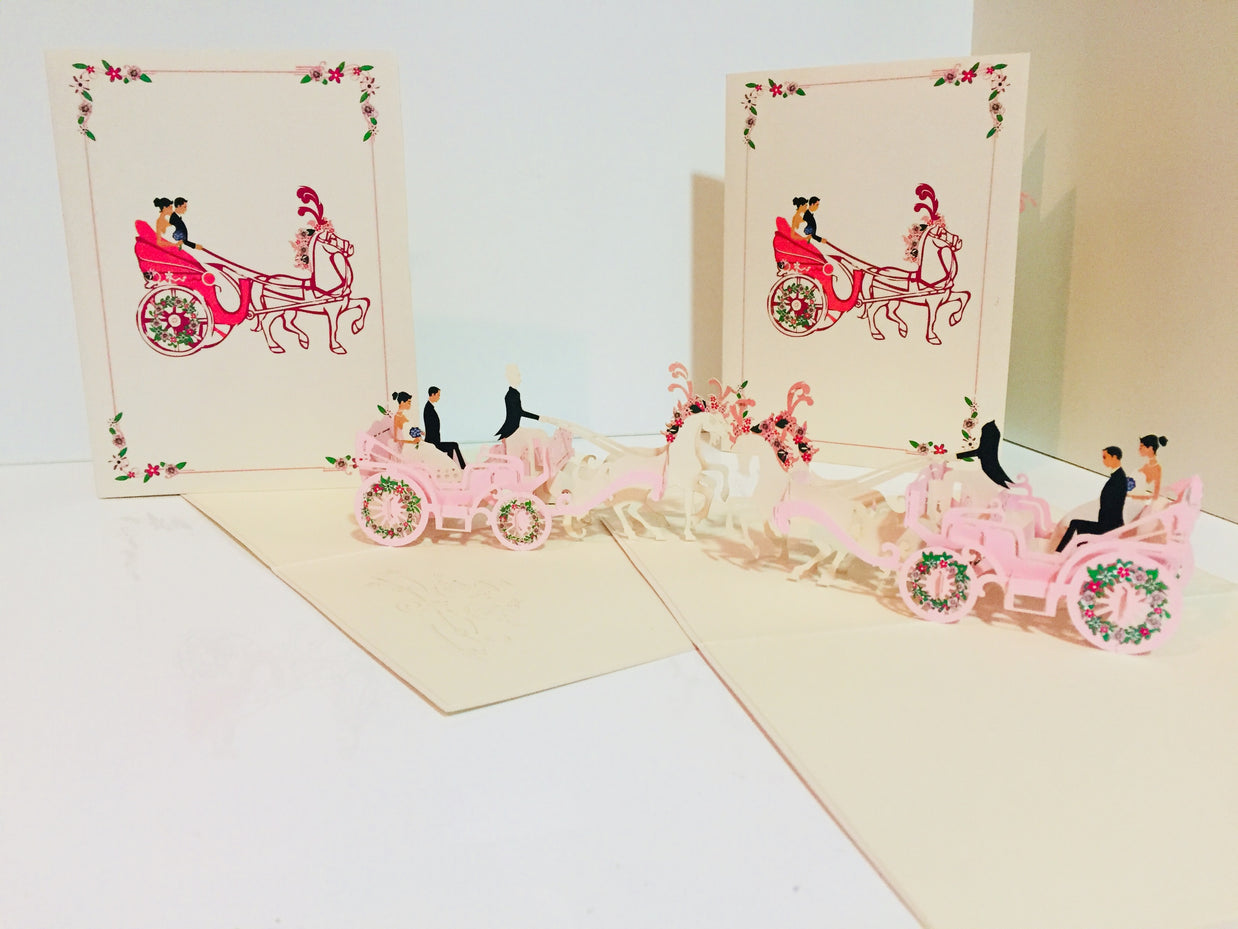 Metallic Wedding Carriage Classic 3D POP UP GREETING CARD - Created by Origami Pop Cards – 3D Pop Up Greeting Cards, Australian Design & Handmade, 3D Pop Up Magical Paper Cards, Handmade Pop Up Cards Celebrate Love Anniversary Heart Fell and Romantic