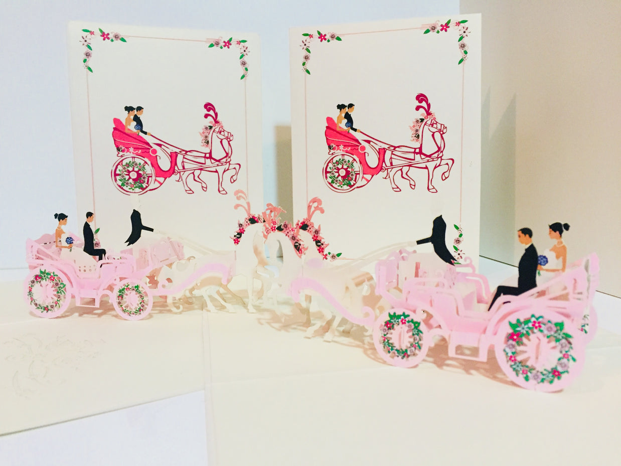 Metallic Wedding Carriage Classic 3D POP UP GREETING CARD - Created by Origami Pop Cards – 3D Pop Up Greeting Cards, Australian Design & Handmade, 3D Pop Up Magical Paper Cards, Handmade Pop Up Cards Celebrate Love Anniversary Heart Fell and Romantic