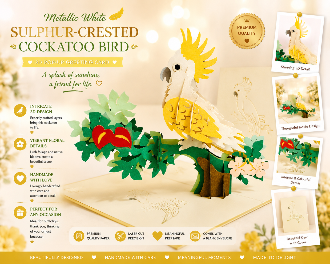 Metallic White Sulphur-Crested Cockatoo Bird Origami Pop Cards 3D Pop Up Greeting Card Happy Birthday Thank You Handmade Gift Thinking of You Blank Card for Any Occasion Happy Mother's Day Happy Father's Australiana Birds (Copy)
