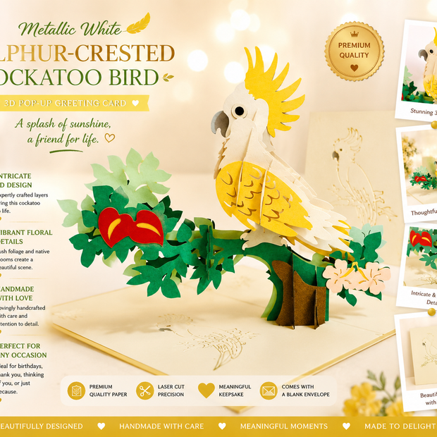 Metallic White Sulphur-Crested Cockatoo Bird Origami Pop Cards 3D Pop Up Greeting Card Happy Birthday Thank You Handmade Gift Thinking of You Blank Card for Any Occasion Happy Mother's Day Happy Father's Australiana Birds