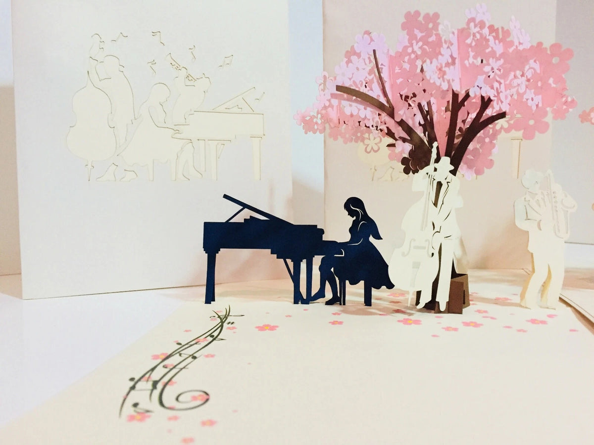 Symphony WHITE Orchestra Music Band under Cherry Blossom Tree 3D POP UP GREETING CARD - Created by Origami Pop Cards Australian Design & Handmade 3D Pop Up Magical Paper Cards Handmade Cards Happy Valentine's Day Celebrate Love Heart Fell and Romantic